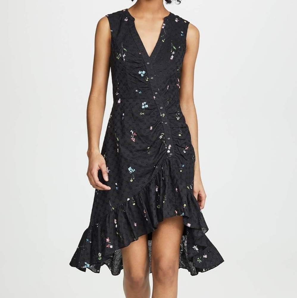Parker Candy Ruched Floral Embroidered High Low Dress In Mini Black Gigi